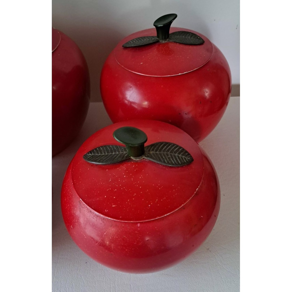 Vtg Red Apple 4-Pc Aluminum Metal Cannister Set MCM Kitchen - Picture 4 of 10